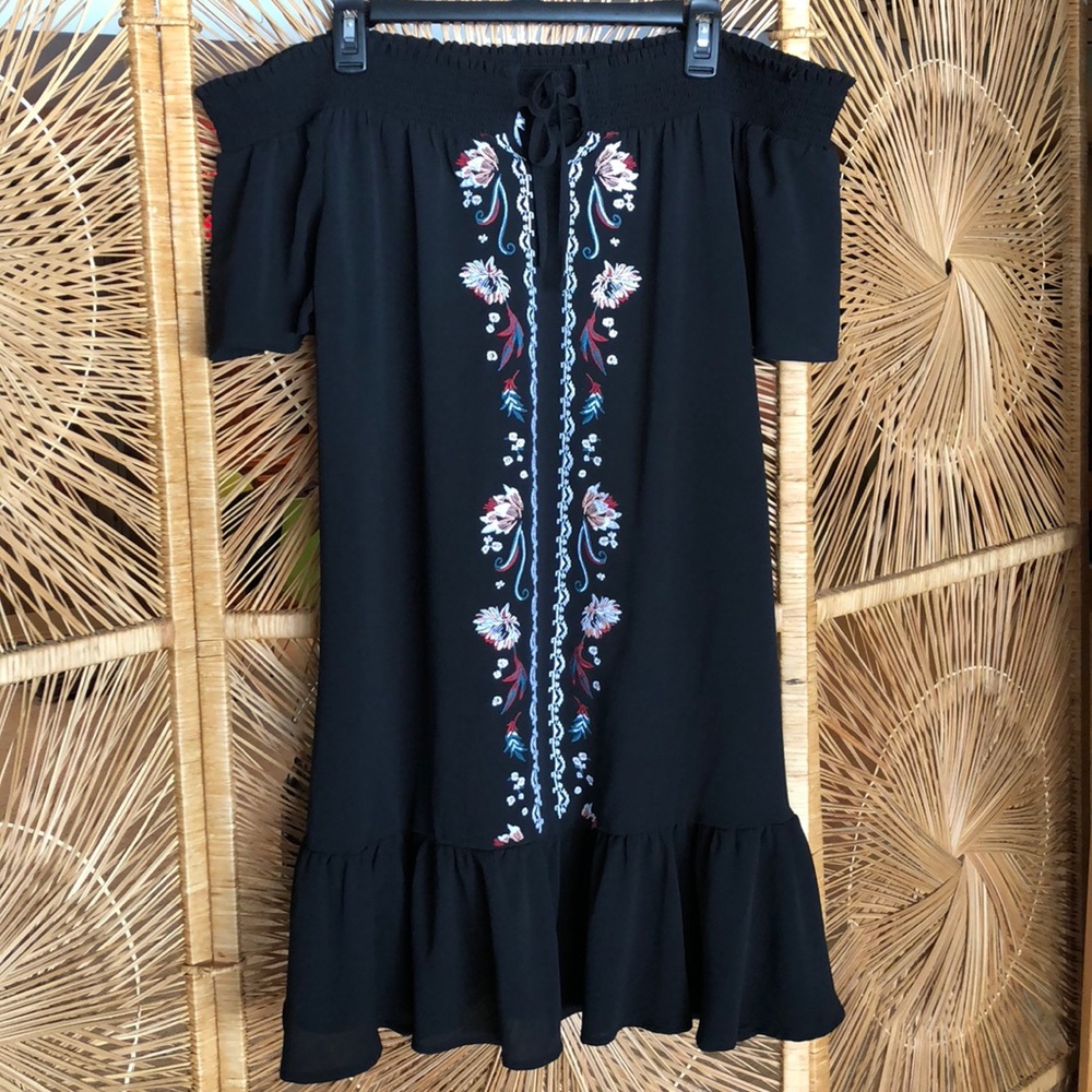 Love Fire Off Shoulder Embroidered Ruffle Dress